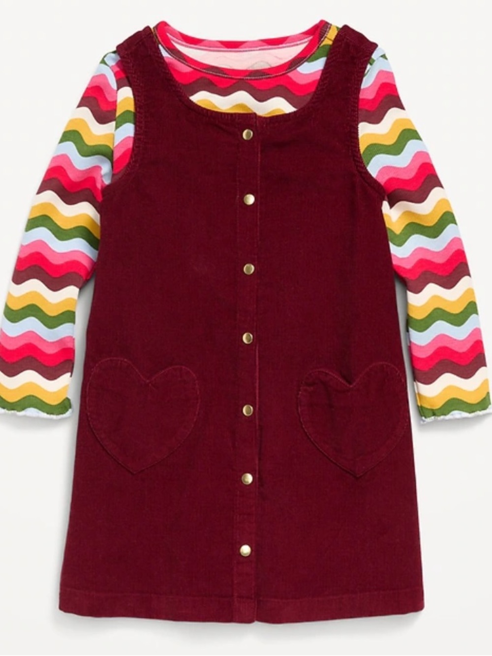 🫐3/$30 Old Navy Burgundy Corduroy Pinafore with Rainbow Wave Top size 2T